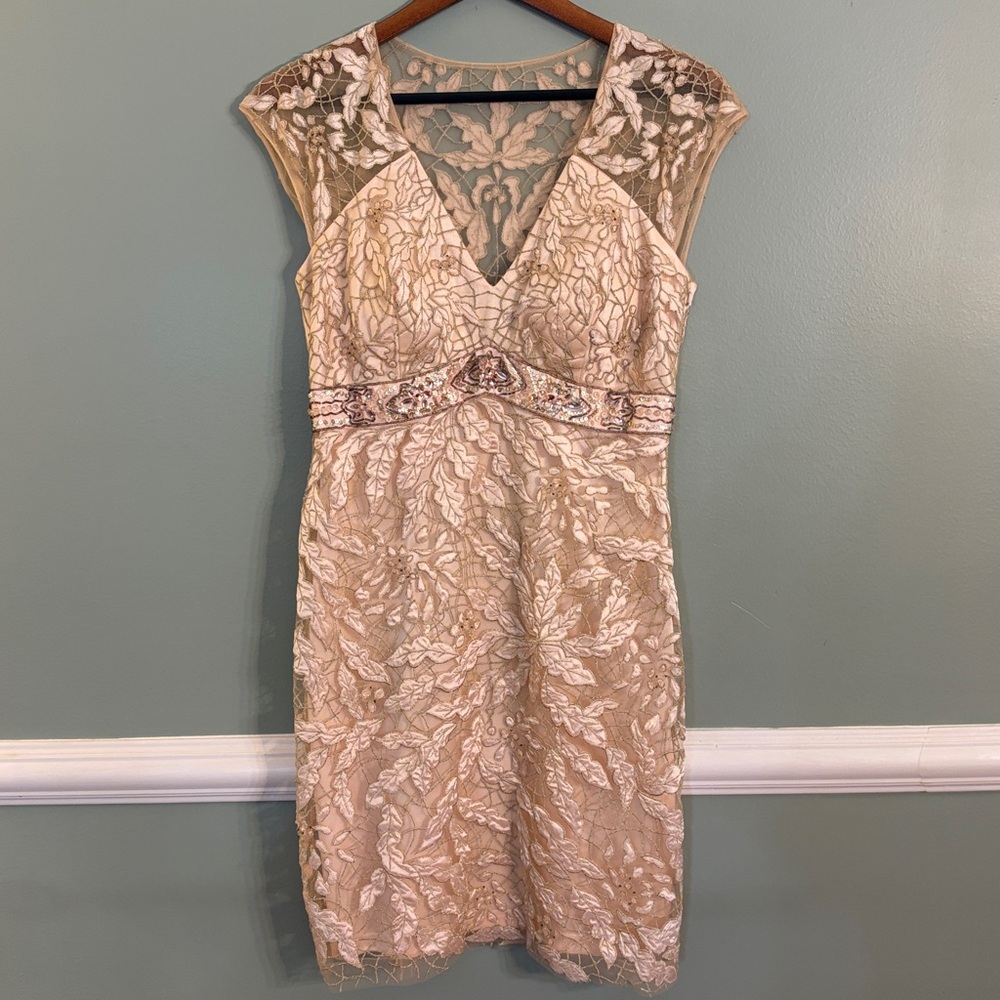 Sue Wong Size 10 Light Pink Lace Beaded Short Sleeve Mini Dress